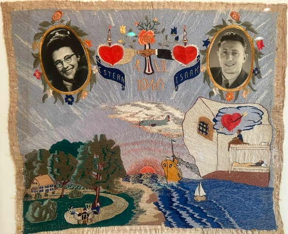 Tapestry stitched by Irving Raab in prison, honoring his wedding to Esther